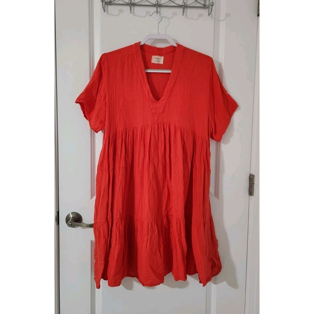 9SEED Resort Womens Gauze V-Neck Shirred Tiered A-Line Dress Pockets Size M/L‎